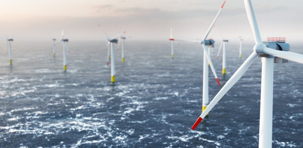 Offshore wind power and energy farm with many wind turbines on the ocean Offshore wind power and energy farm with many wind turbines on the ocean. Sustainable electricity production